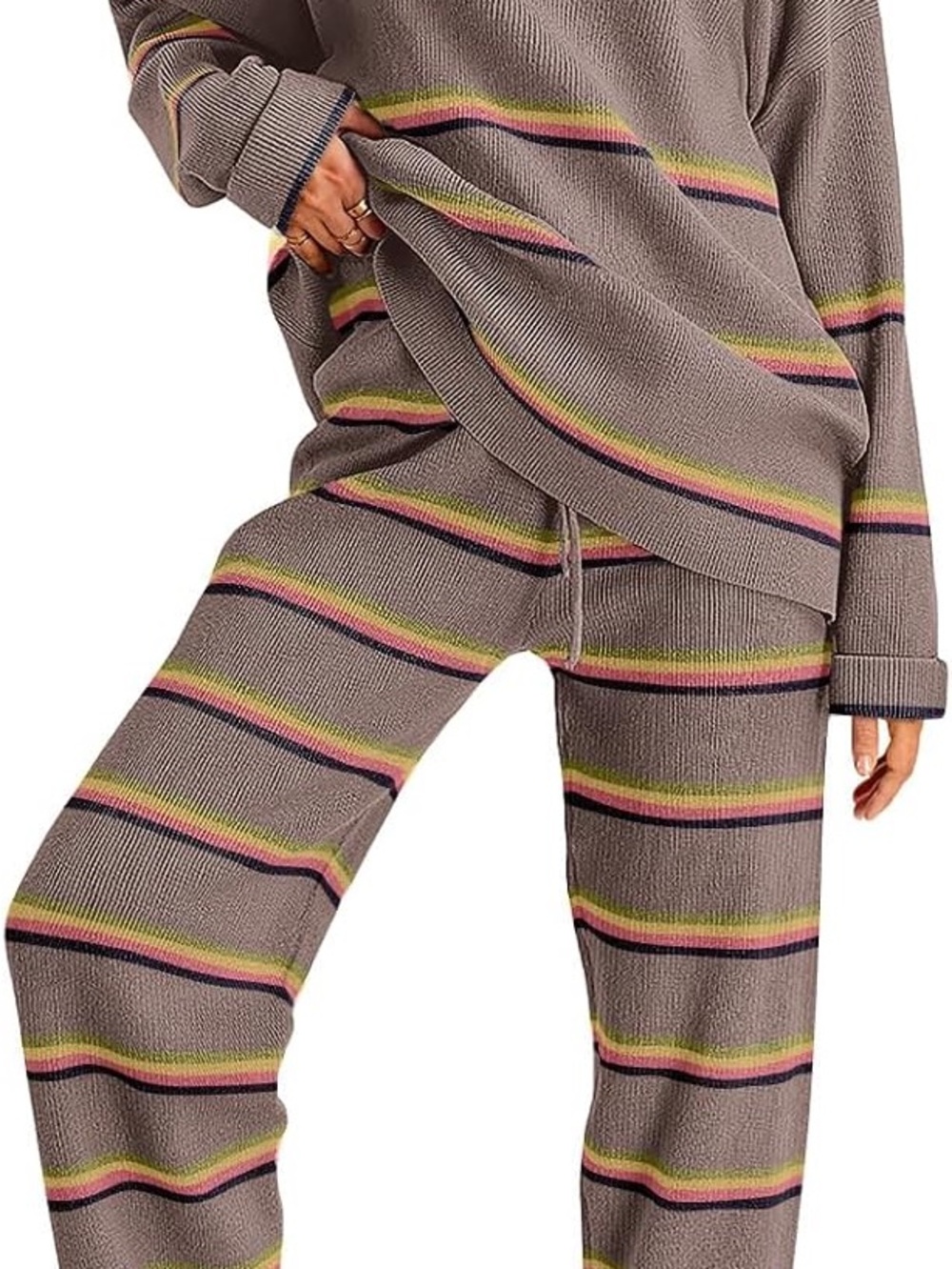 Cozy Striped Knit Lounge Pants - Taupe